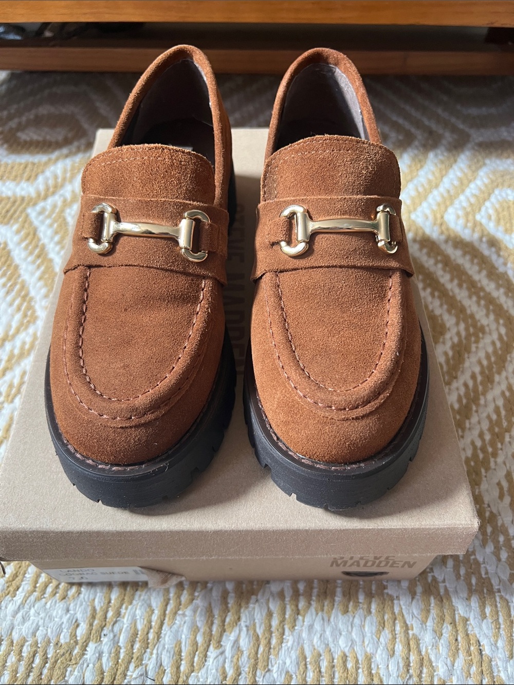 Steve Madden Tan Suede Loafers with Gold Bit